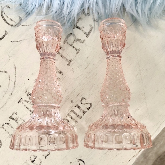 Candle Stick Holders, Taper, Pink, Glass, Set of 2, Very Nice Condition - Picture 6 of 7